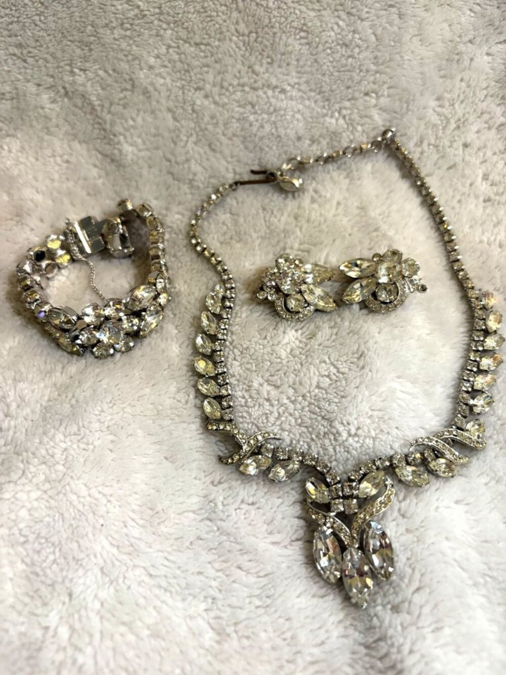 Vintage 1950s Eisenberg Ice Rhinestone Matching Necklace, Earring, & Bracelet Se